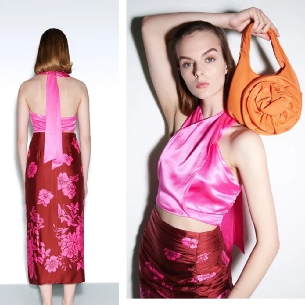 Zara Satin Effect Pink Halter Top